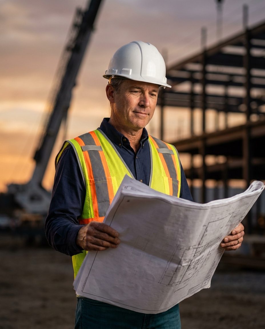 Construction company owner reviewing plans on an active job site